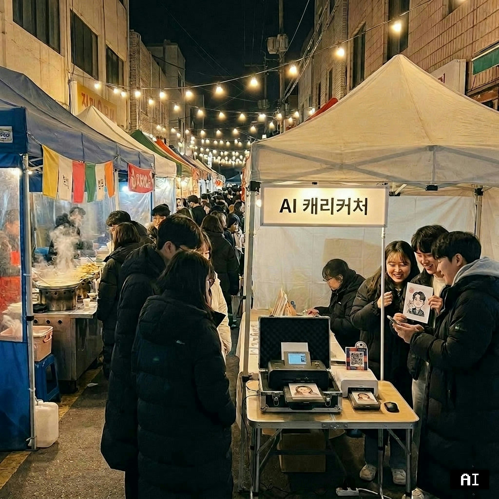 붐비는 골목 상권 야시장에 설치된 AI 캐리커처 체험 부스