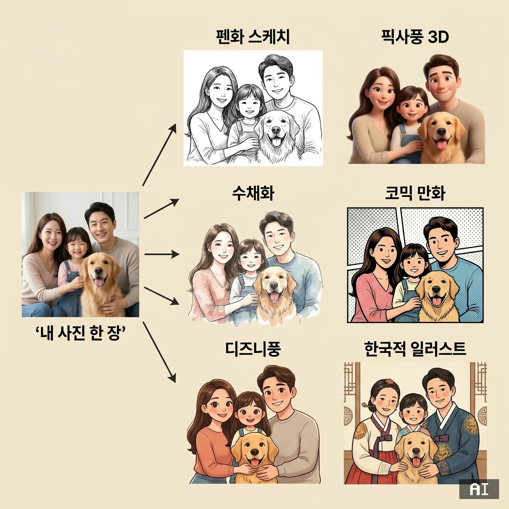 같은 사진 한 장이 6가지 캐릭터 스타일로