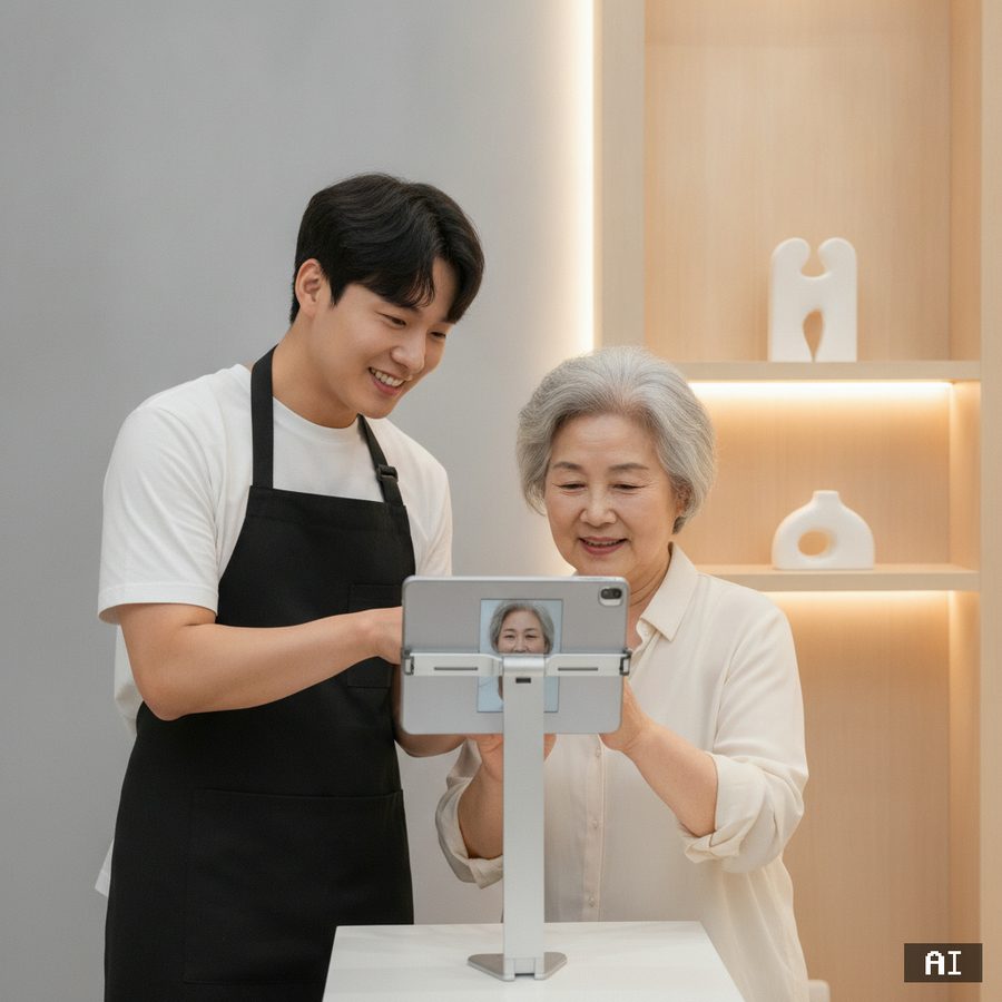 폰이 익숙하지 않은 어르신을 스태프가 태블릿으로 직접 촬영해드리는 모습