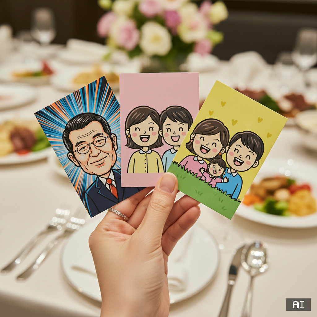 뷔페 테마 AI 캐리커처 인화 샘플 4종
