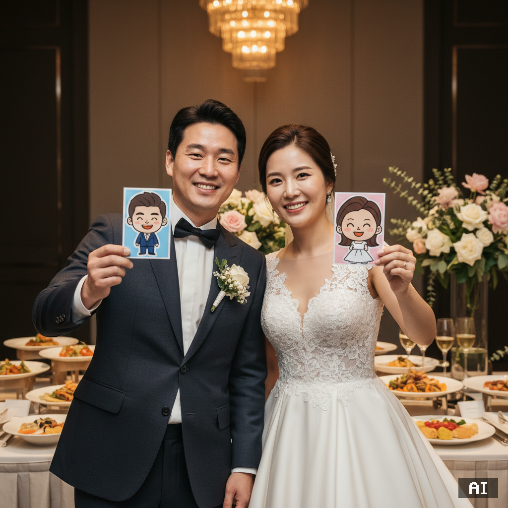 웨딩 뷔페에서 AI 캐리커처를 받고 기뻐하는 커플