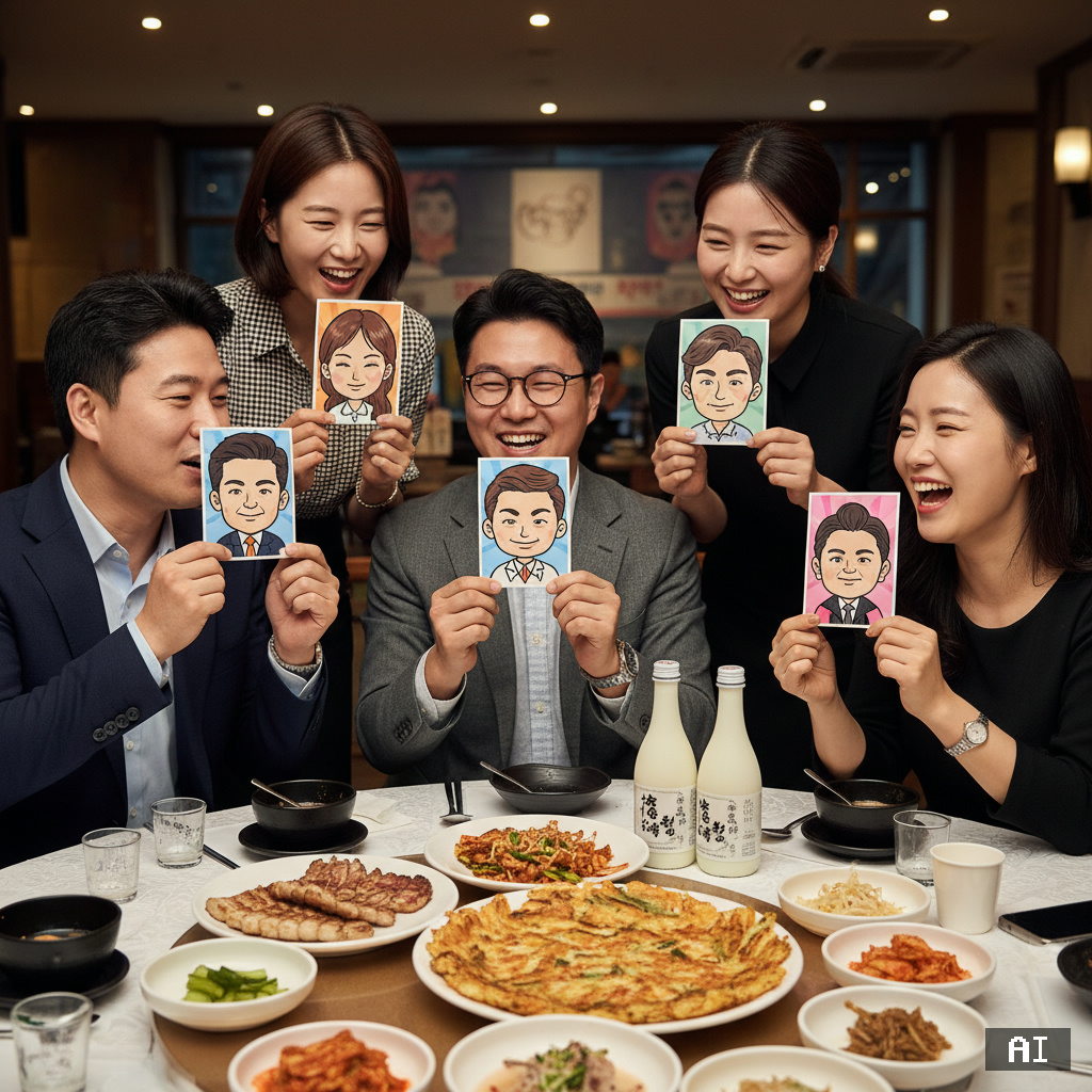 회사 회식 뷔페에서 AI 캐리커처를 비교하며 웃는 직장인들