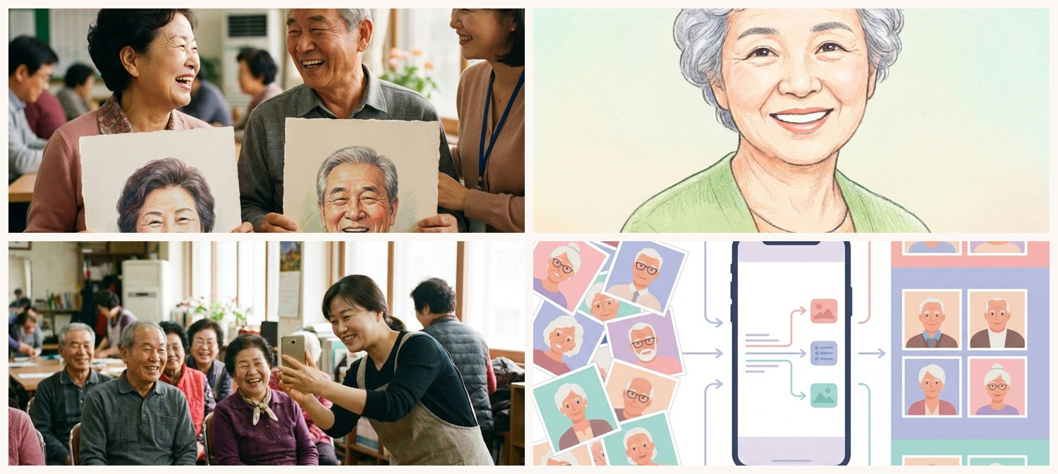 어르신 AI 초상 결과의 기쁨 · 곱고 젊은 파스텔 작품 · 복지사 현장 촬영 · 인물별 자동 분류
